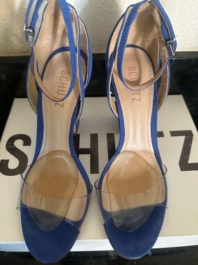 SCHUTZ Royal Blue Suede Ankle-Strap Heels with Clear Toe Band